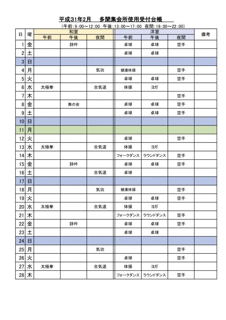集会所使用2月受付状況