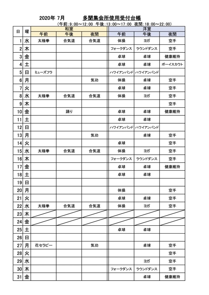 多聞集会所使用受付状況　2020-7